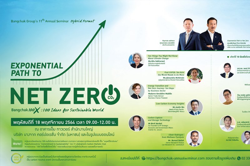 Bangchak’s Invitation to Annual Seminar “Exponential Path to Net Zero” on 18 Nov. Addressing the need for exponential responses to global warming. seminar offers 100 participants to be “Carbon-Free”